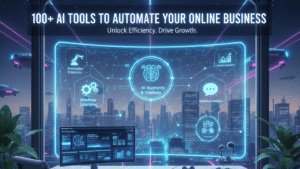 An illustration of a futuristic office with a glowing desk, showing AI concepts and a city skyline at night. The title "100+ AI Tools to Automate Your Online Business" is at the top of the image.