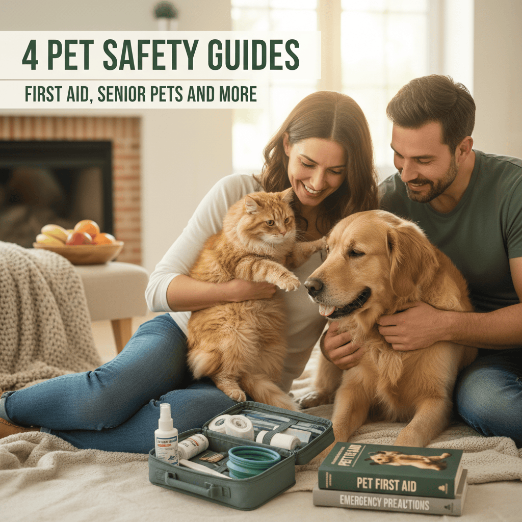 A couple sits on the floor with a dog and a cat, next to a pet first-aid kit and books on pet safety. The title "4 Pet Safety Guides" is at the top.