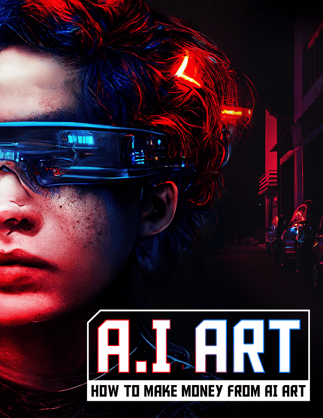 A cyberpunk-style book cover with a portrait of a person wearing futuristic glowing glasses. The title "A.I ART: HOW TO MAKE MONEY FROM AI ART" is at the bottom.