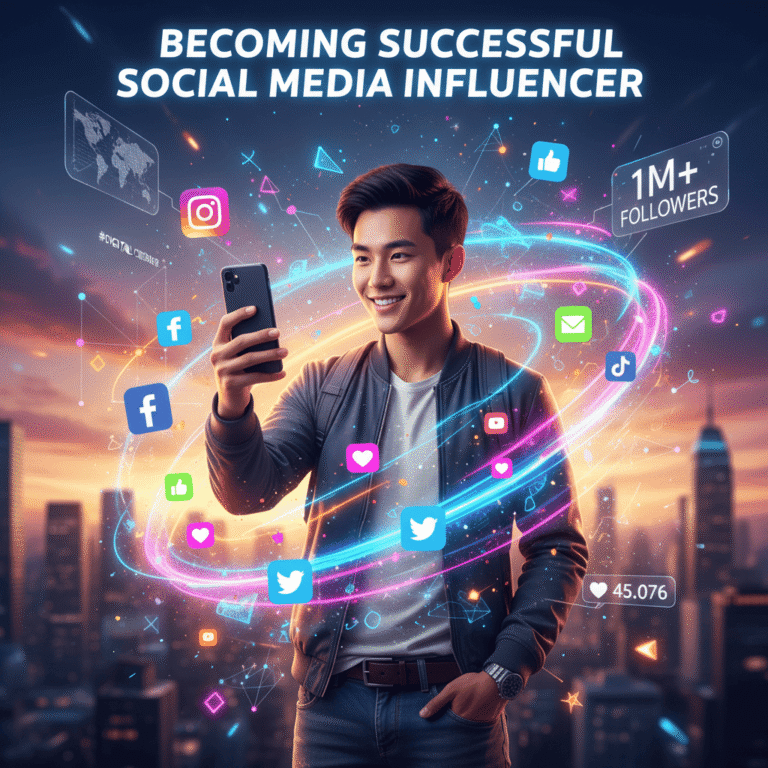 A young man stands in a city, holding his phone, with social media icons and glowing digital lines swirling around him. The title "Becoming Successful Social Media Influencer" is at the top.