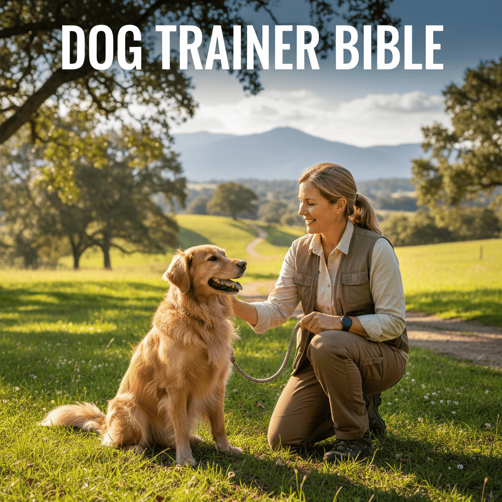 A smiling woman kneels on the grass, training her golden retriever in a field with mountains in the distance. The text "DOG TRAINER BIBLE" is at the top of the image.
