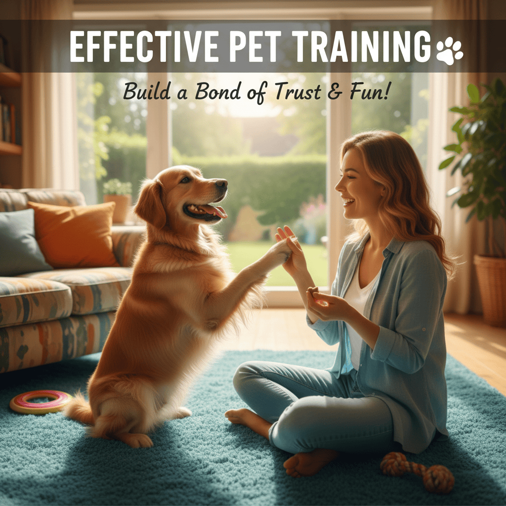 A woman sitting on the floor of her living room training her golden retriever to shake hands. The image is a promotional graphic with the text "Effective Pet Training."