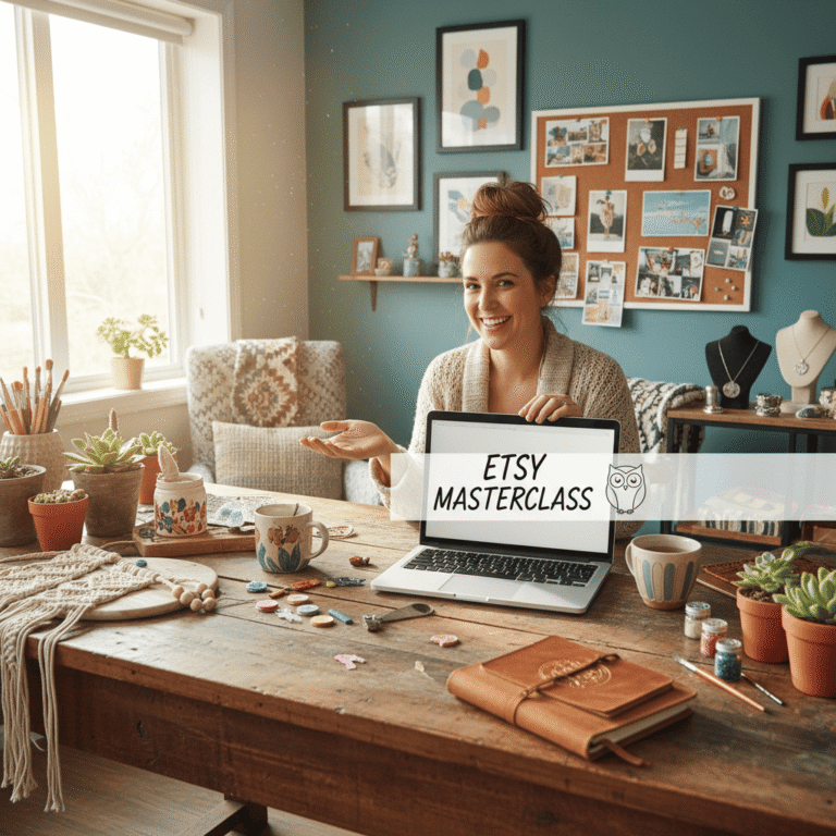 A woman smiles while pointing to a laptop that shows the words "Etsy Masterclass" on the screen. The table is filled with craft supplies, including succulents, beads, and jewellery.