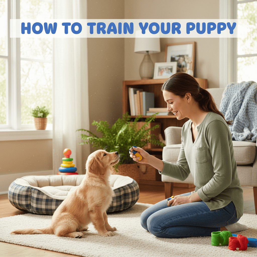 A woman trains a golden retriever puppy in a living room. The title "HOW TO TRAIN YOUR PUPPY" is at the top.