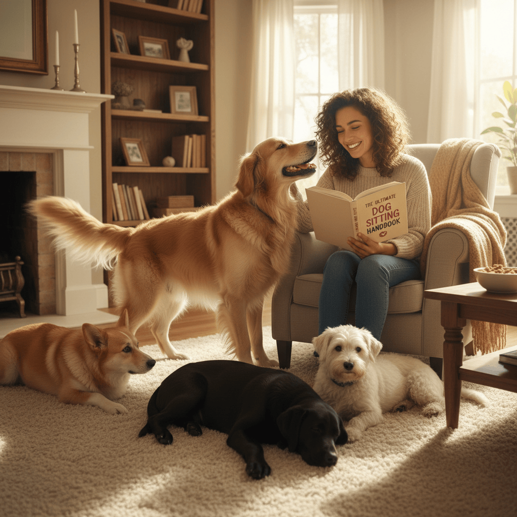 A smiling woman reads a book titled "The Ultimate Dog Sitting Handbook" in a living room while four dogs of different breeds are gathered around her.