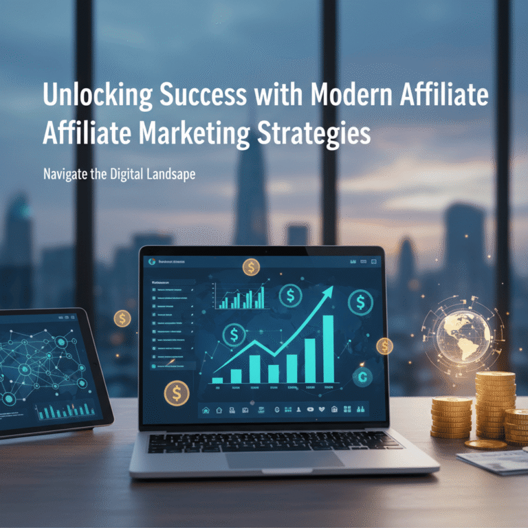 A laptop and tablet show financial growth charts and data in a high-rise office, with a stack of coins and a globe on the desk. The title "Unlocking Success with Modern Affiliate Marketing Strategies" is at the top of the image.